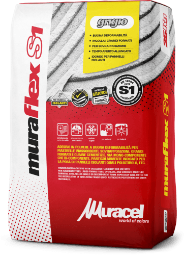 Muraflex S1 - Adesivo in polvere per piastrelle inassorbenti e per pannelli isolanti, a scivolamento verticale nullo Muraflex S1 - Adesivo in polvere per piastrelle inassorbenti e per pannelli isolanti, a scivolamento verticale nullo
